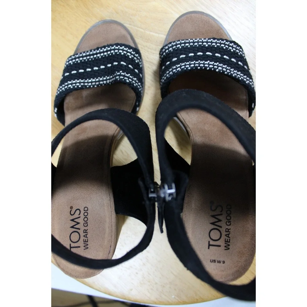 Toms Womens Heeled Sandals Size 9 Black Woven Ankle Strap Block Heel Open Toe